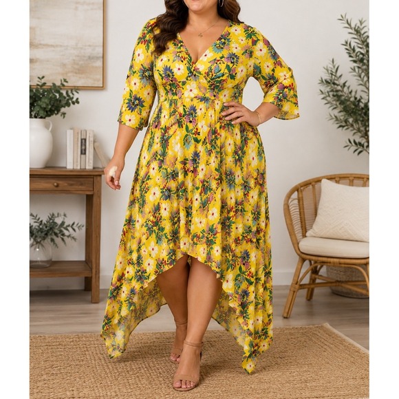 Melissa McCarthy Dresses & Skirts - Melissa McCarthy Seven7 3X Yellow Floral Hi Low Maxi Dress Boho Plus Size